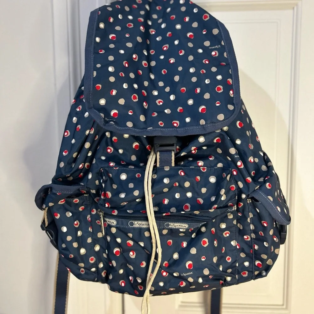 LeSportsac Navy Polka Dot Backpack - Navy with Red & White Dots